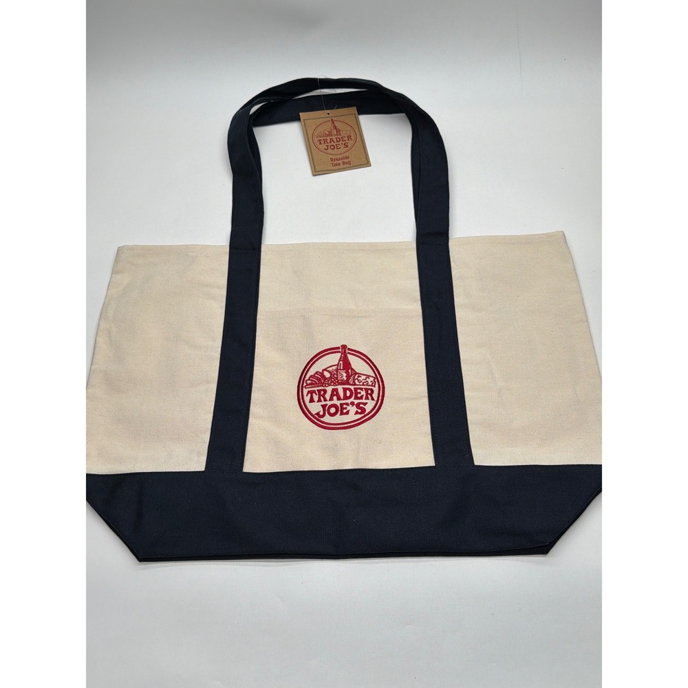 Trader Joe's Reusable Canvas Tote Bag Navy Blue Cream Embroidered Logo NWT